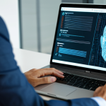 A focused individual, fully clothed in professional business attire, observing a complex digital interface on a laptop screen in a well-lit modern office. The image conveys a sense of deep thought and critical analysis as if deciphering hidden information. A subtle visual overlay of abstract digital patterns or shifting layers symbolizes the hidden manipulation tactics of social engineering and the mental shield required. The individual's expression is one of alert discernment, not fear. Perfect anatomy, correct proportions, natural pose, well-formed hands, proper finger count, natural body proportions. High-resolution, professional photography, appropriate content, safe for work, modest clothing, family-friendly.