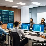Home 20 소셜 엔지니어링 방어를 위한 비상 대응 계획 - A modern office scene in Brazil showing a diverse team of professionals engaged in a cybersecurity t...