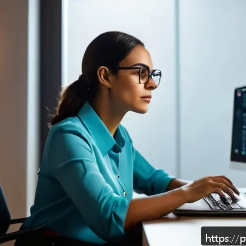 Home 17 소셜 엔지니어링 공격 방지를 위한 비밀번호 관리 - A modern office setting with a focused professional woman of Brazilian descent sitting at a sleek de...
