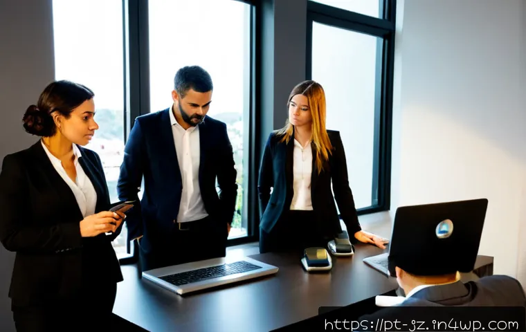 Home 17 소셜 엔지니어링 방어를 위한 리스크 관리 전략 - Photorealistic risk management meeting in a modern Portuguese business office, diverse team reviewin...